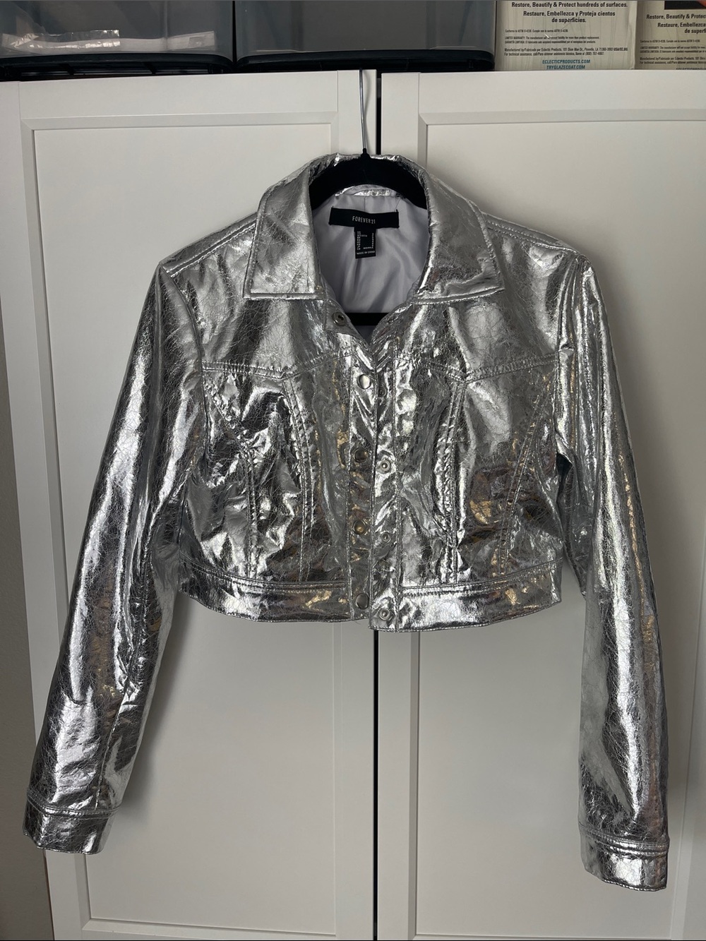 Forever 21 Metallic Silver Cropped Jean Jacket